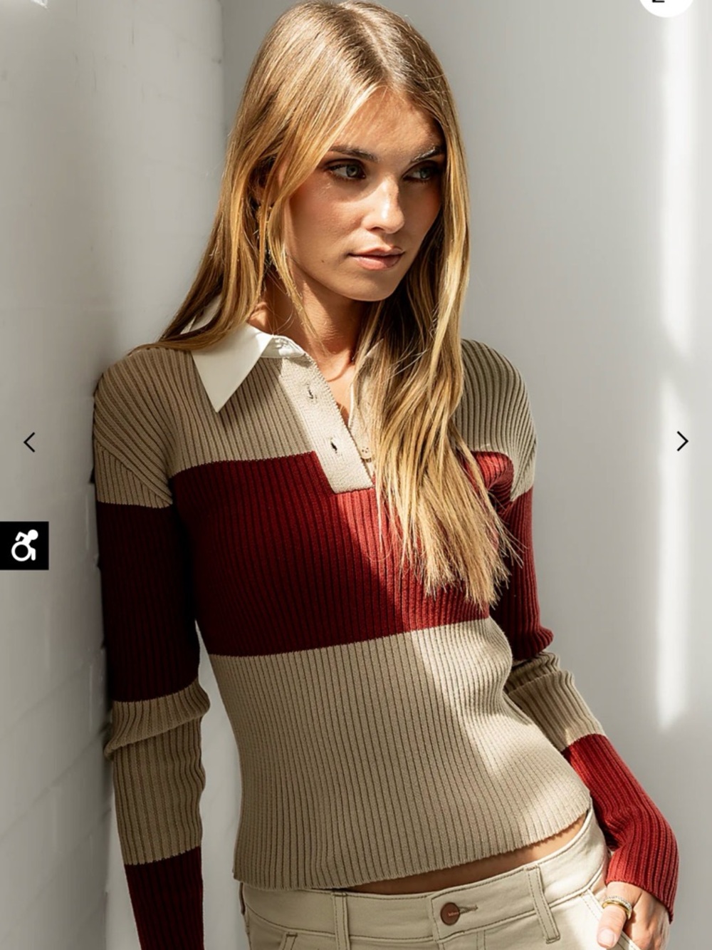 Woman’s M- Bohme Beige and Burgundy Ribbed Polo Sweater